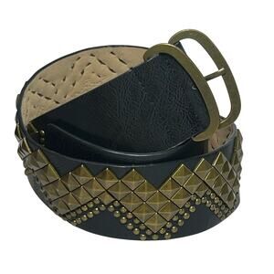 Vintage Y2K Size Medium Black Brass Rivets Wide Faux Leather Belt Punk Rocker